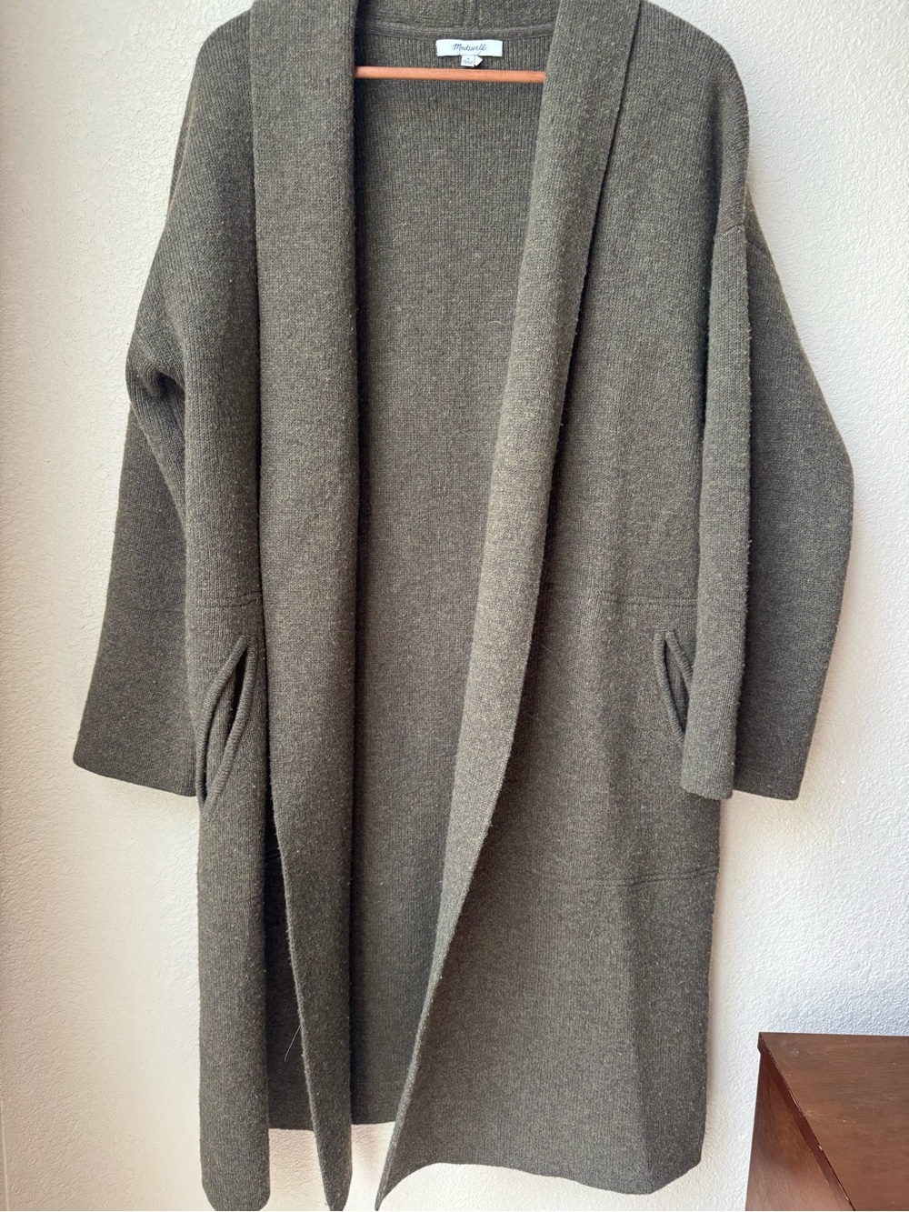 Madewell Olive Open-Front Long Cardigan with Pockets